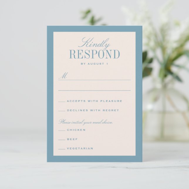 Blue and Cream Classic Elegante Wedding RSVP Karte (Stehend Vorderseite)
