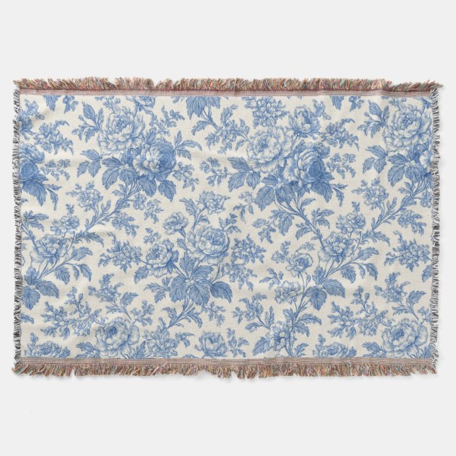 Blue and Cream Floral Toile de Jouy Decke (Vorderseite)