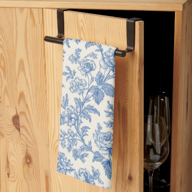 Blue and Cream Floral Toile de Jouy Geschirrtuch (Drittel gefaltet)