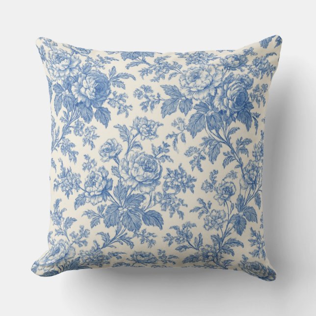 Blue and Cream Floral Toile de Jouy Kissen (Vorderseite)