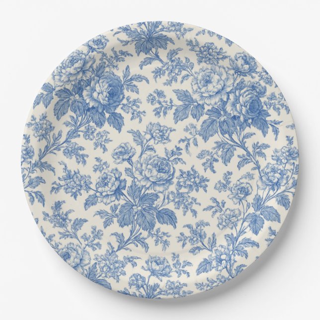 Blue and Cream Floral Toile de Jouy Pappteller (Vorderseite)