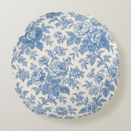 Blue and Cream Floral Toile de Jouy Rundes Kissen