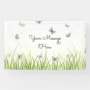Blue and Crème Butterfets Charming Garden Scene Banner