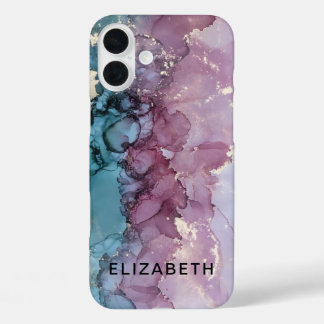 blue and dusty pink gold marble personalized iPhone 16 plus hülle