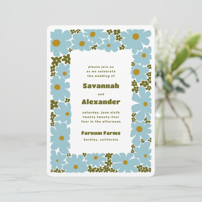 Blue and Forest Green Groovy Blooms Boho Wedding Einladung (Stehend Vorderseite)
