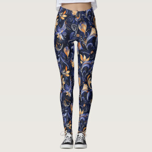 Blue and Gold Abstrakt Paisley Blätter Leggings