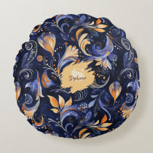 Blue and Gold Abstrakt Paisley Blätter Rundes Kissen
