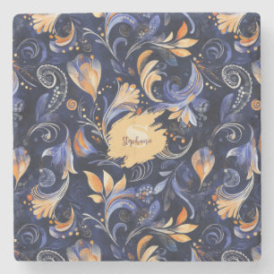 Blue and Gold Abstrakt Paisley Blätter Steinuntersetzer
