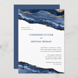 Blue and Gold Agate Border Wedding Einladung