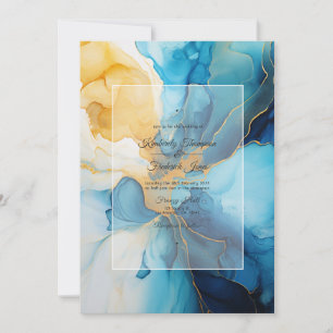 Blue and Gold Alcohol Ink Wedding Einladung