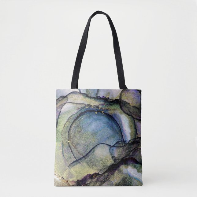 Blue and Gold Alcohol Tinte Liquid Abstrakt Art Tasche (Vorderseite)