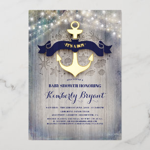 Blue and Gold Anchor Rustic Beach Baby Dusche Folieneinladung
