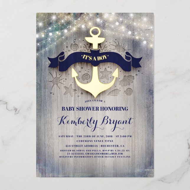 Blue and Gold Anchor Rustic Beach Baby Dusche Folieneinladung (Vorderseite)