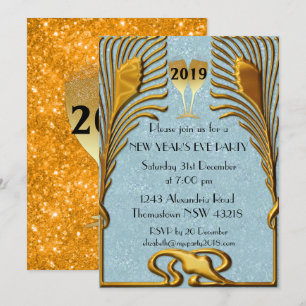 Blue and Gold Art Deco New Year's Eve Einladung