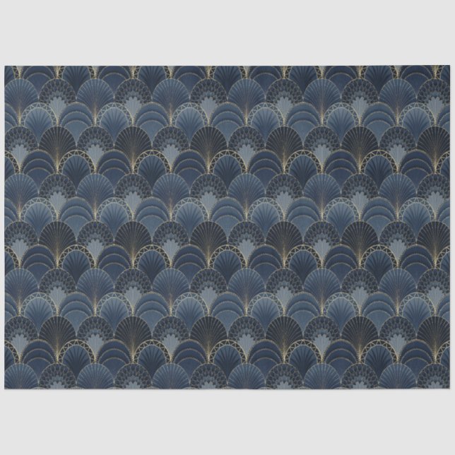 Blue and Gold Art Deco Scallop Luxus Decoupage Seidenpapier (Vorderseite)