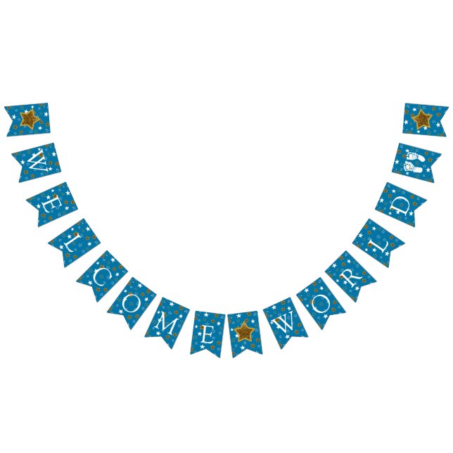 Blue and Gold Baby Dusche Willkommen World Footpri Wimpelkette (Alle)
