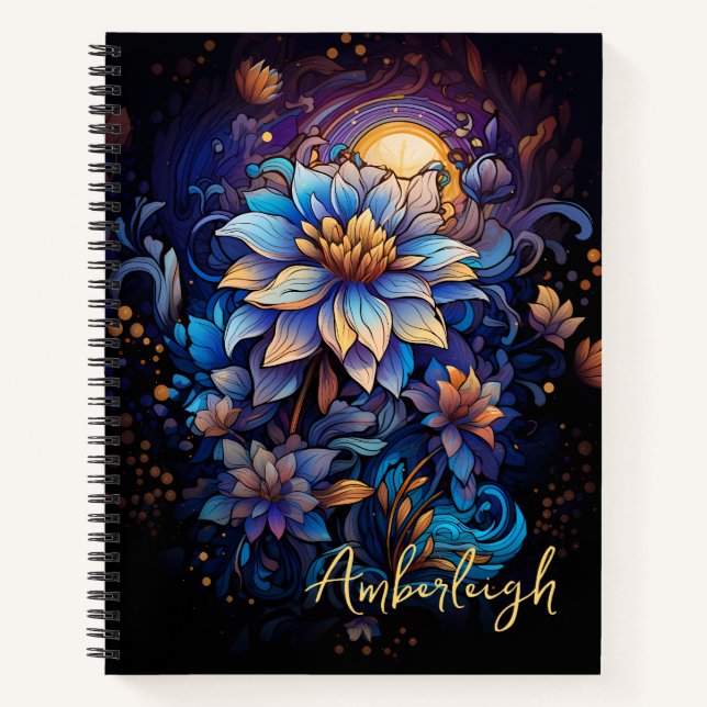 Blue and Gold Blume mit Name Notebook Notizbuch (Vorderseite)