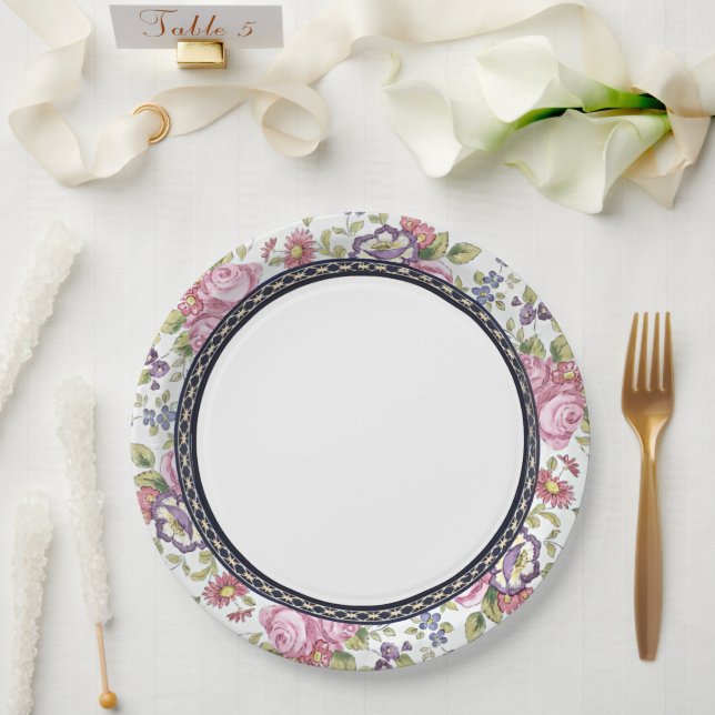 Blue and Gold Border Pink Blumengarten Tee Party Pappteller (Hochzeit)