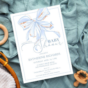 Blue and Gold Bow Romantic Chic Baby Shower Boy Einladung
