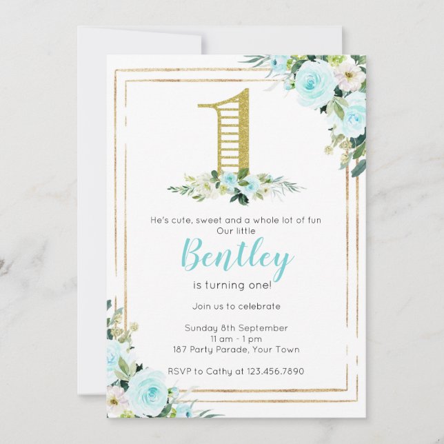 Blue and Gold Boys 1. Geburtstag Einladung (Vorderseite)