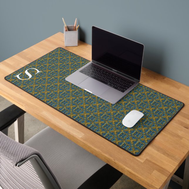 Blue and Gold Brocade Mit Monogramm Schreibtischunterlage (Büro 2)