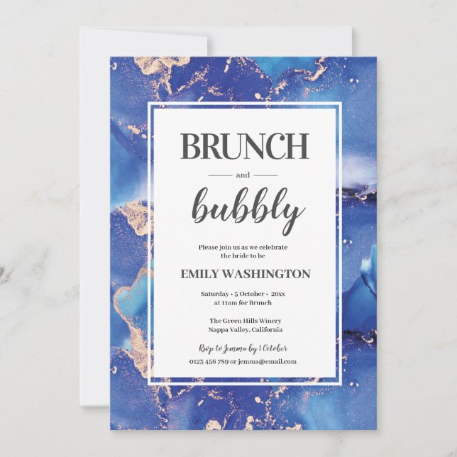 Blue and Gold Brunch & Bubbly Einladung (Vorderseite)