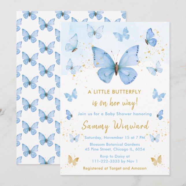 Blue and Gold Butterfly Baby Dusche Einladung (Vorne/Hinten)