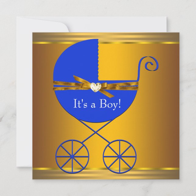 Blue and Gold Carriage Boys Baby Dusche Einladung (Vorderseite)