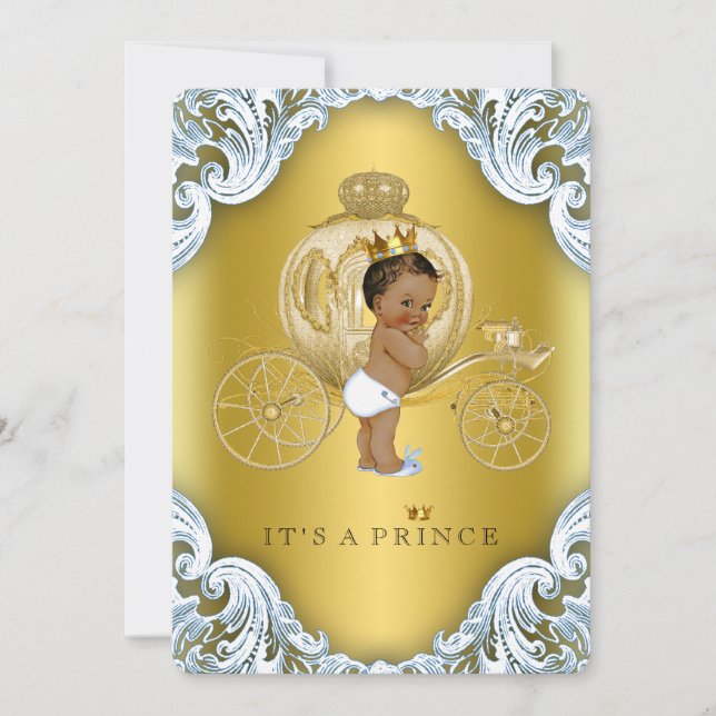 Blue and Gold Carriage Ethnic Prince Baby Dusche Einladung (Vorderseite)