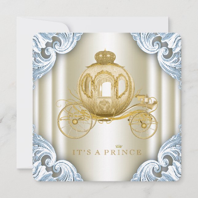 Blue and Gold Carriage Prince Baby Dusche Einladung (Vorderseite)