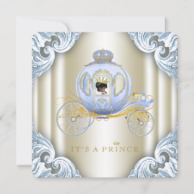 Blue and Gold Carriage Prince Ethnic Baby Dusche Einladung (Vorderseite)