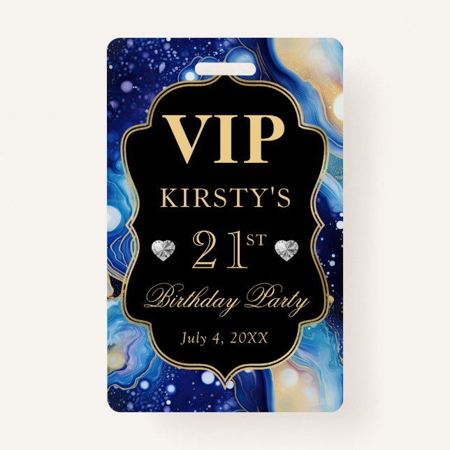Blue and Gold Celestial Glitzer Agate Birthday VIP Ausweis (Vorderseite)