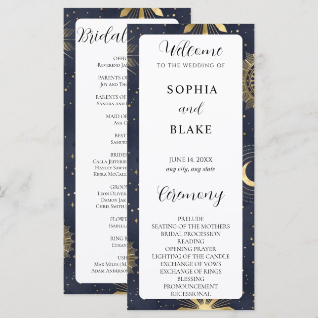 Blue and Gold Celestial Wedding Program (Vorne/Hinten)