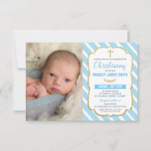 Blue and Gold Christening Boy Foto Einladung