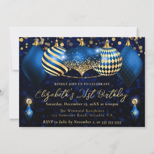 Blue and Gold Christmas Baubles 21. Geburtstag Einladung (Vorderseite)