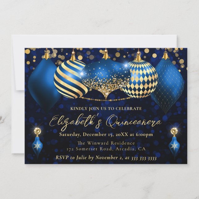 Blue and Gold Christmas Baubles Quinceanera Einladung (Vorderseite)