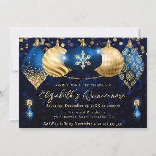 Blue and Gold Christmas Baubles Quinceanera Einladung