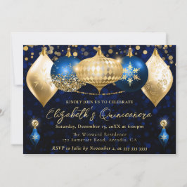 Blue and Gold Christmas Baubles Quinceanera Einladung