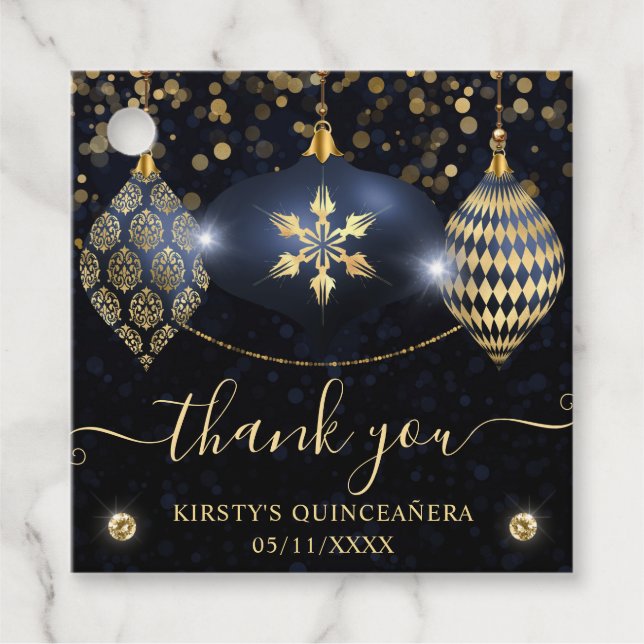Blue and Gold Christmas Baubles Quinceanera Geschenkanhänger (Vorderseite)
