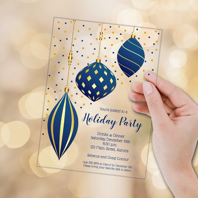 Blue and Gold Christmas Ornaments Holiday Acryleinladungen (Blue and gold Christmas tree ornaments ACRYLIC party invitations)