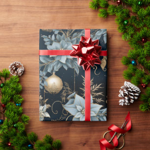 Blue and Gold Christmas Ornaments Poinsettias Geschenkpapier