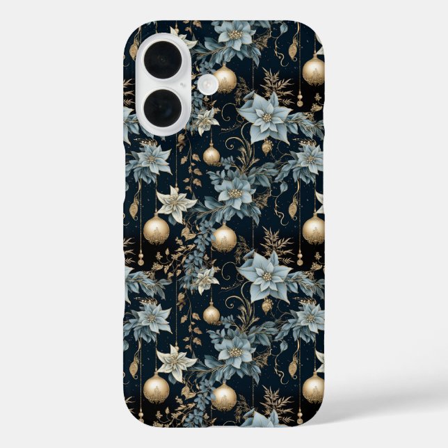 Blue and Gold Christmas Ornaments Poinsettias iPhone 16 Hülle (Rückseite)