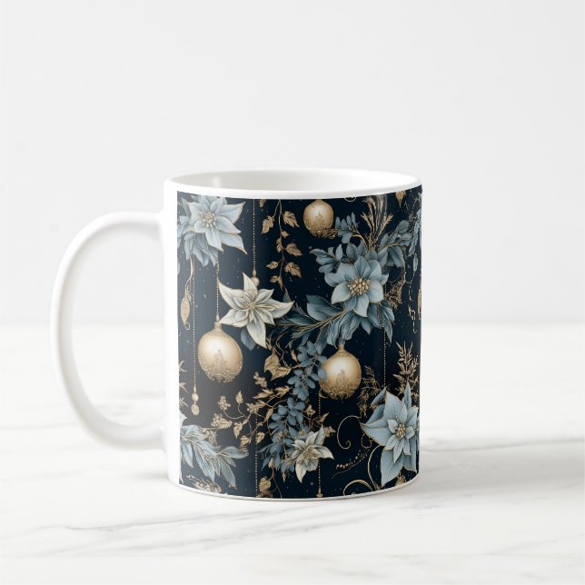 Blue and Gold Christmas Ornaments Poinsettias Kaffeetasse (Links)