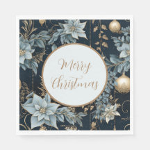 Blue and Gold Christmas Ornaments Poinsettias