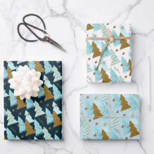 Blue and Gold Christmas Trees Geschenkpapier Set