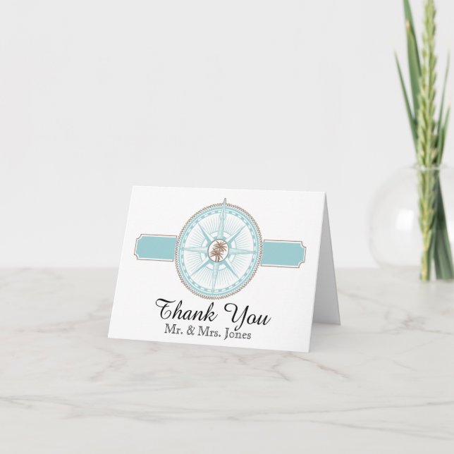 Blue and Gold Compass Rose Beach Hochzeit Vielen D Dankeskarte (Vorderseite)