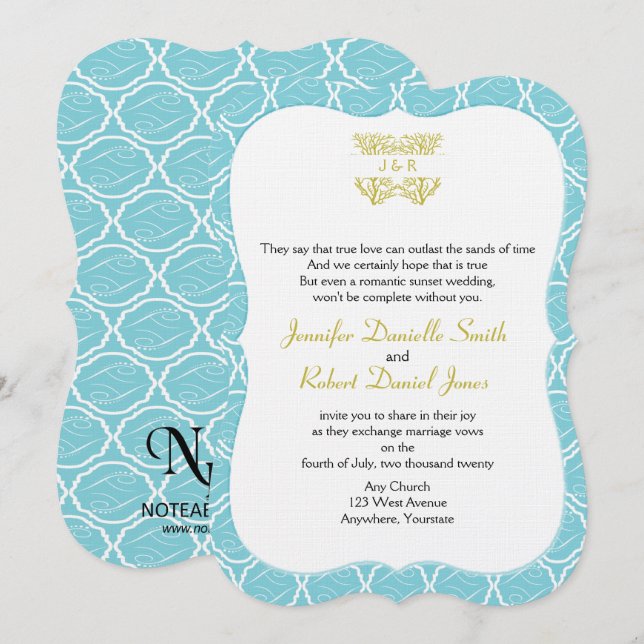 Blue and Gold Coral Rose Beach Wedding Einladung (Vorne/Hinten)