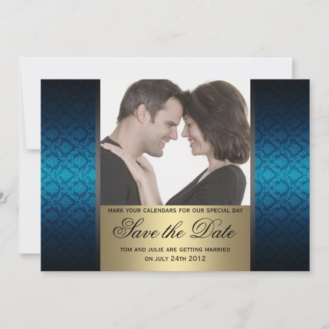 Blue and Gold Damaks Save the Date Foto (Vorderseite)