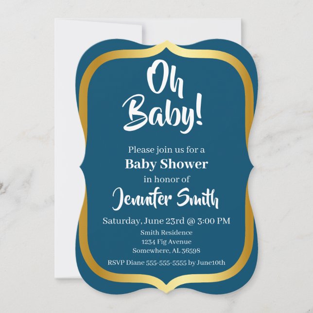 Blue and Gold Elegant Baby Shower Einladung (Vorderseite)
