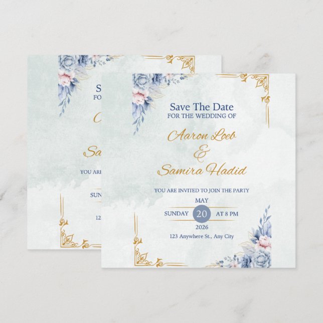 Blue and Gold Elegante Hochzeitseinladung Einladung (Vorne/Hinten)